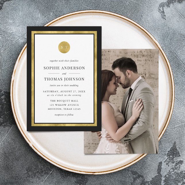 Add Photo Custom Color Gold Round Monogram Wedding Invitation (Creator Uploaded)