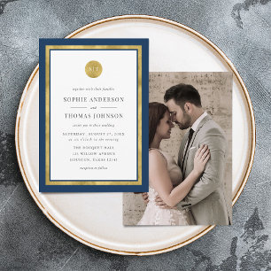 Add Photo Custom Colour Gold Round Monogram Weddin Invitation