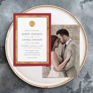 Add Photo Custom Colour Gold Round Monogram Weddin Invitation