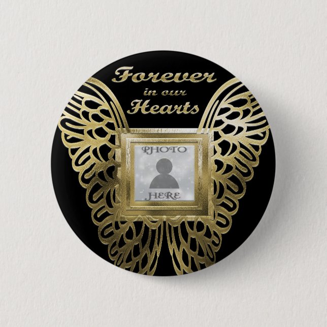 Add Photo Custom Gold Angel Wings Memorial 6 Cm Round Badge (Front)