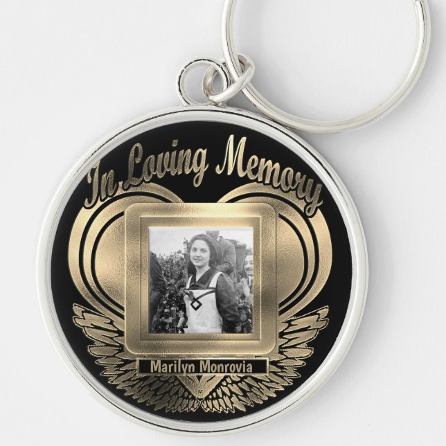 Add Photo Custom Memorial Heart Gold Button Key Ring (Front)