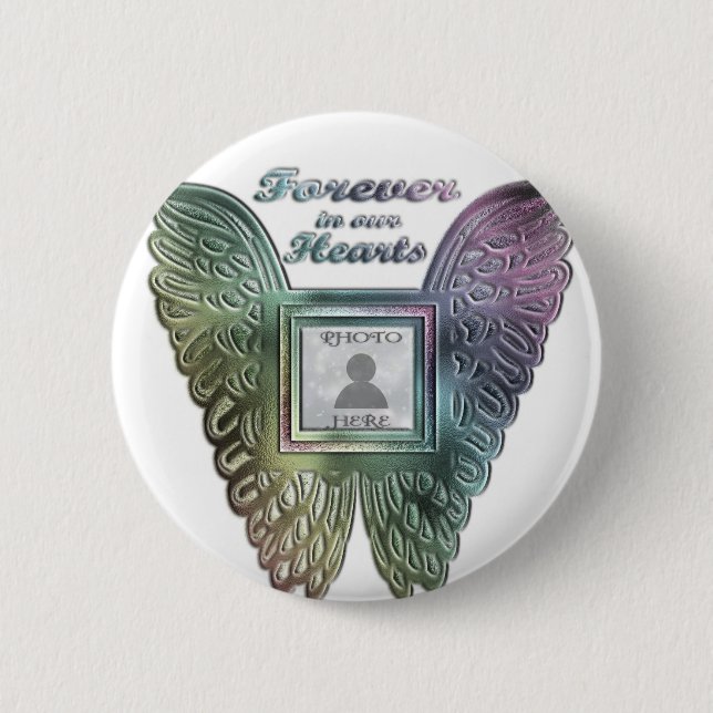 Add Photo Custom Rainbow Angel Wings Memorial 6 Cm Round Badge (Front)