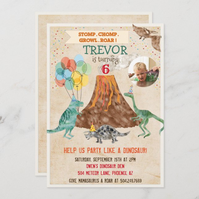 ADD PHOTO - Dinosaur Volcano Birthday Invitation (Front/Back)