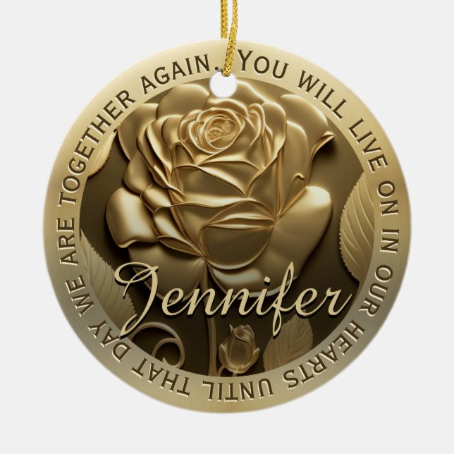 Add Photo Gold Rose with Name Memorial Ceramic Tree Decoration (Front)