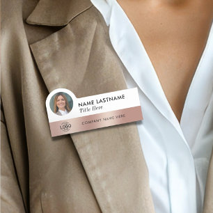 Add Photo Logo Sleek Faux Rose Gold White Stylish Name Tag