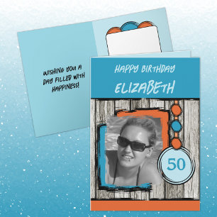 Add photo name blue orange 50th birthday card