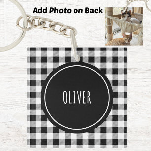 Add Photo, Name Buffalo Check Black Acrylic Key Ring