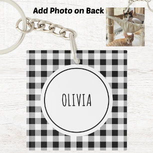 Add Photo, Name Buffalo Check White Acrylic Key Ring