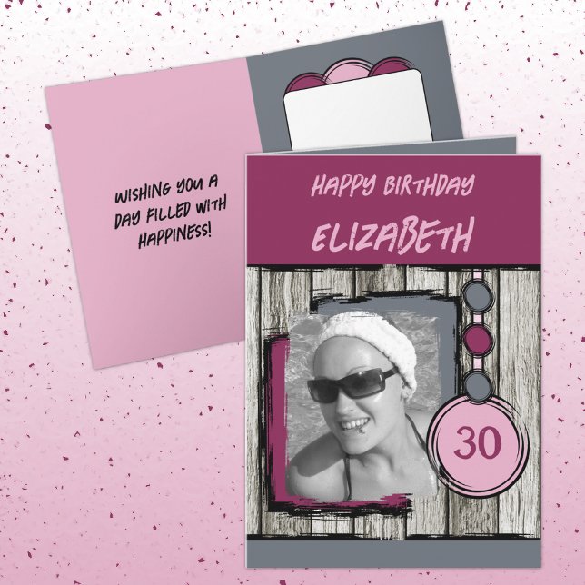Add photo name grey magenta 30th birthday card (Creator Uploaded)