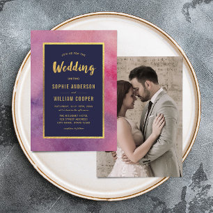 Add Photo Purple Pink Watercolor & Gold Wedding Invitation