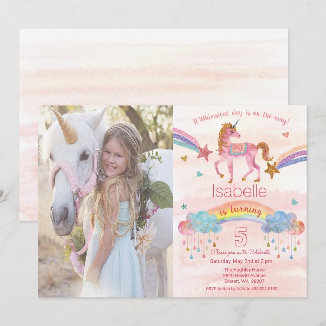 Add Photo Rainbow Unicorn Birthday Invitation (Front/Back)