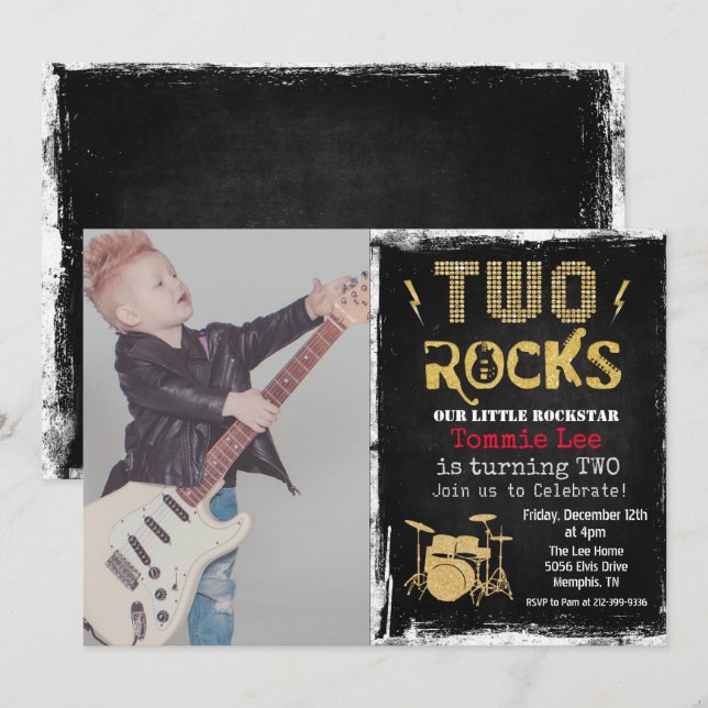 ADD PHOTO Rockstar Drumset 2nd Birthday Invitation (Front/Back)