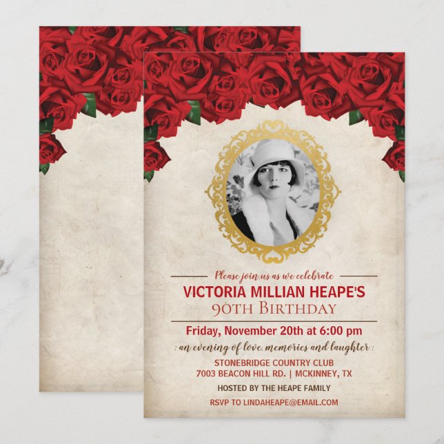 ADD PHOTO -  Roses Milestone Birthday Invitation (Front/Back)