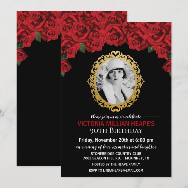 ADD PHOTO -  Roses Milestone Birthday Invitation (Front/Back)