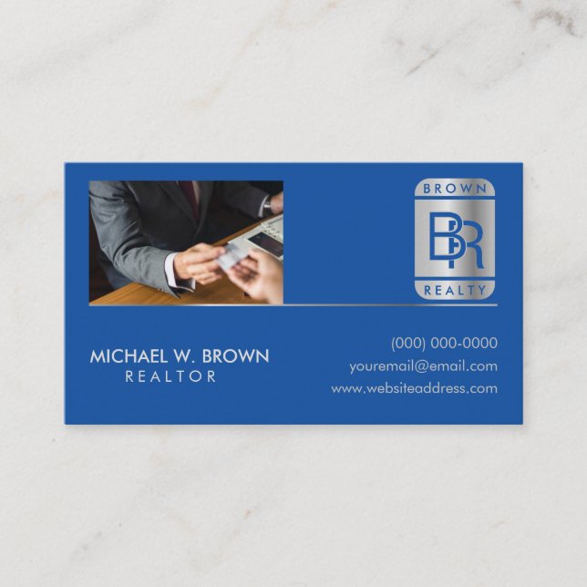 Add Photo silver blue navy Real Estate luxury Business Card (Front)
