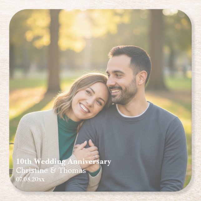 Add Photo Text Overlay 10th Wedding Anniversary  Square Paper Coaster (Front)