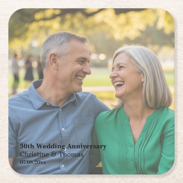 Add Photo Text Overlay 30th Wedding Anniversary  Square Paper Coaster (Front)