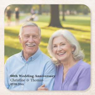 Add Photo Text Overlay 60th Wedding Anniversary Square Paper Coaster