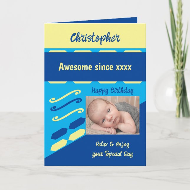 Add photo year name milestone birthday blue card (Front)