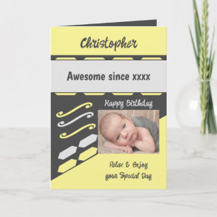 Add photo year name milestone birthday grey card