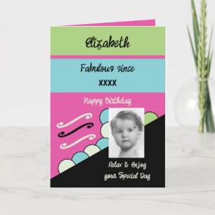 Add photo year name milestone birthday pink card