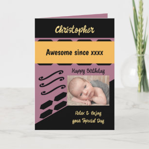 Add photo year name milestone birthday purple card