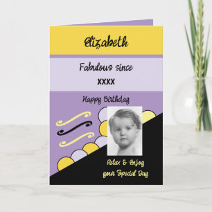 Add photo year name milestone birthday purple card