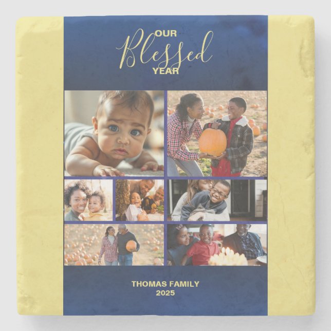 Add Photos Blessed Year Family Photo Collage Stone Coaster (Front)
