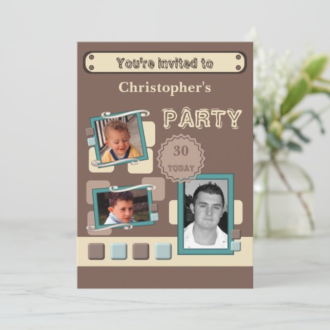 Add photos for men any age brown 30th party invitation (Standing Front)