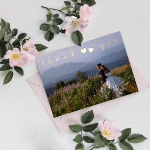 Add Photos Minimal Modern Script Wedding Thank You Foil Holiday Card
