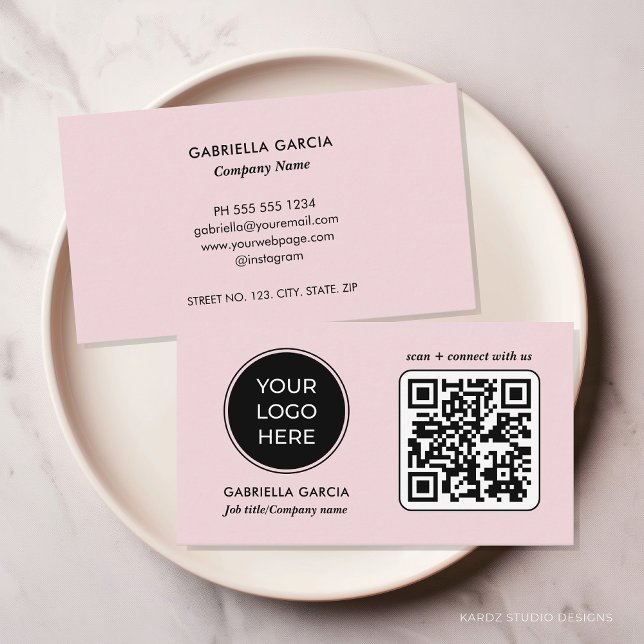 Add QR Code Pink Logo Business Card (Simple and modern, blush pink business card, professional look, add your logo, qr code, social media)