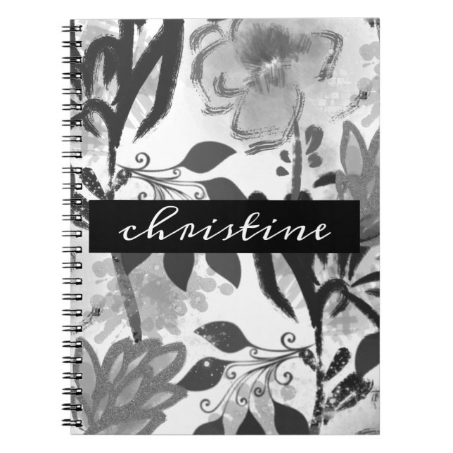 Add Script Name | Black Botanical Floral Pattern Notebook (Front)