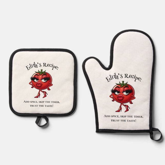 Add Spice, Skip the Timer - Funny and Sassy  Oven Mitt & Pot Holder Set (Front)