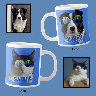 Add Sunglasses Unique Dog Cat Lover Photo Blue Large Coffee Mug
