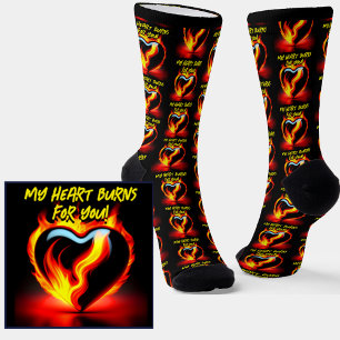 Add Text, My Heart Burns For You on Flaming Heart Socks