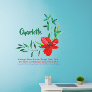 Add Text Name, Red Painted Flower Green Leaves  Wall Decal