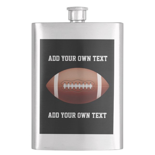 Add text on football throw pillow hip flask (Front)