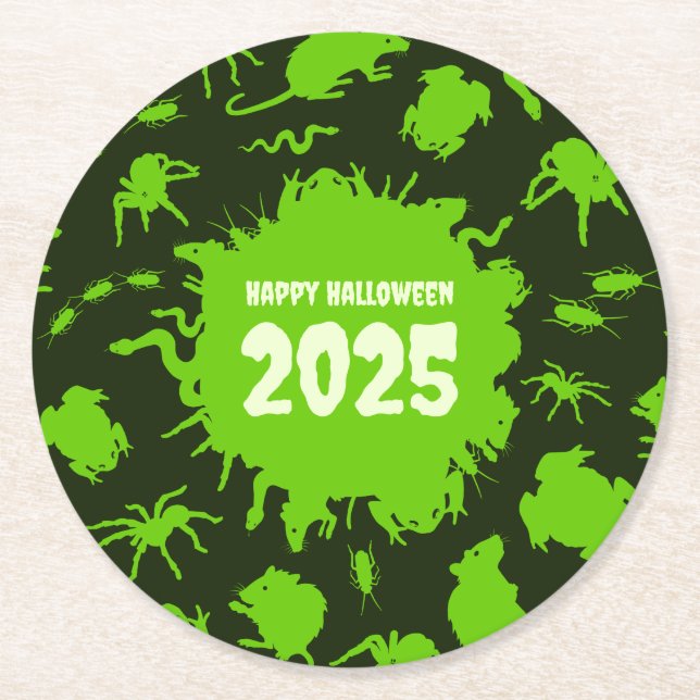 Add The Year Happy Halloween Green Creepy Crawlies Round Paper Coaster (Front)