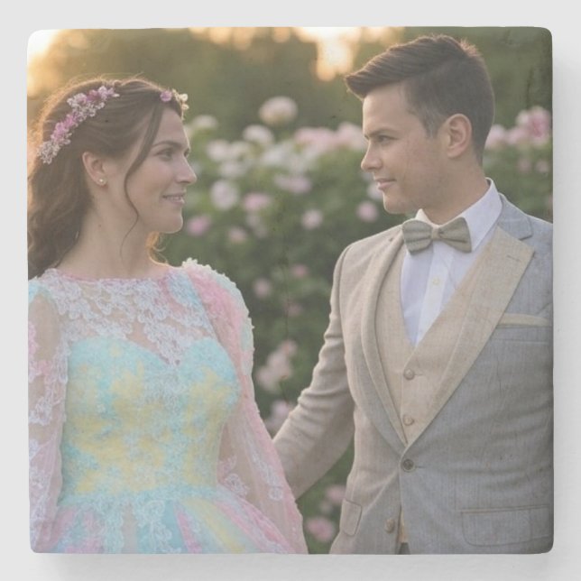 Add Wedding Photo Customise Stone Coaster (Front)