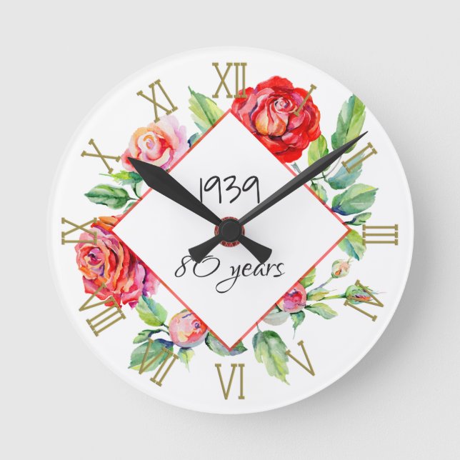 ADD Year Born AGE Birthday Gift for Women Roses Round Clock (Front)