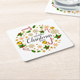 Add Year Merry Christmas 20xx Christmas Theme Square Paper Coaster