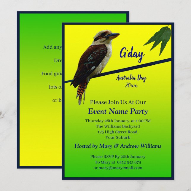 Add Year Text, Kookaburra Australian Party      Invitation (Front/Back)