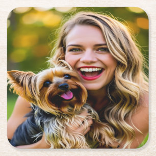 Add Yorkshire Terrier Photo Personalize Square Paper Coaster