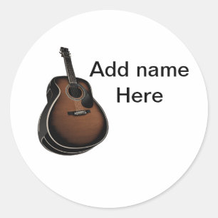 Add you name text brown acoustic guitar editable classic round sticker