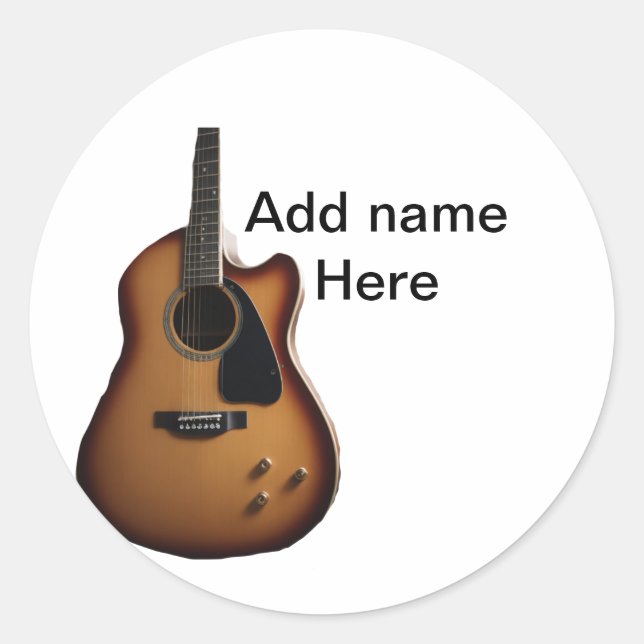 Add you name text brown acoustic guitar editable t classic round sticker (Front)