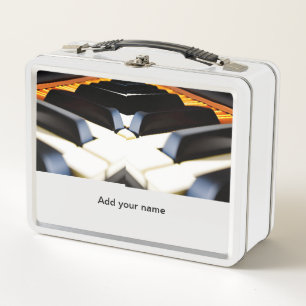 Add you name text brown black piano keys metal lunch box