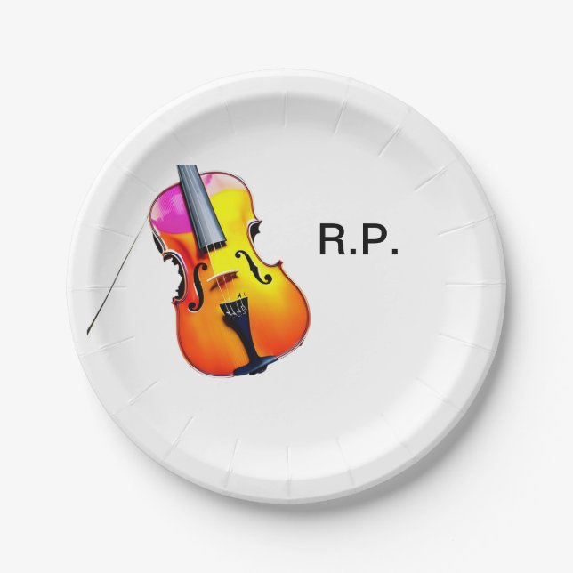 Add you name text brown violin music lover paper plate (Front)