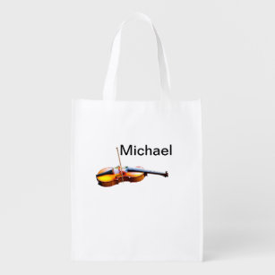 Add you name text brown violin music lover throw p reusable grocery bag