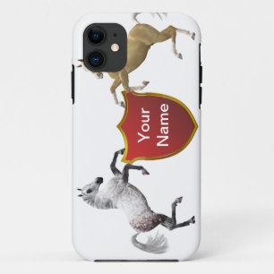 Add you name to the shield held by rearing horses iPhone 11 case