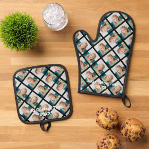 Add Your 1 Photo to Make a Pattern - Black Oven Mitt & Pot Holder Set